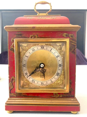 Elliott London Chinoiserie Bracket Clock Red Cinnabar Gold Hand Painted Cover