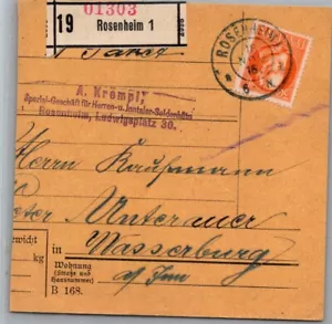 GERMANY BAYERN 1916 WWI POSTAL PARCEL CARD ADDR WASSERBURG CANC ROSENHEIM - Picture 1 of 2