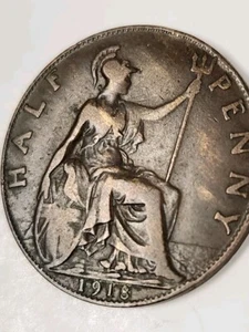 Great Britain 1918 Half Penny Coin. Circulated Ungraded Coin Free Shipping In US - Picture 1 of 10