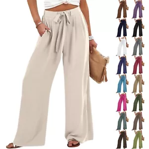 Women's Linen Wide Leg Pants Loose High Waist Beach Haren Trouser With Pockets - Picture 1 of 58