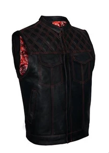 Chaleco club de cuero para motocicletas para hombre revestimiento rojo cachemira, cremallera frontal acolchado de diamantes - Imagen 1 de 6