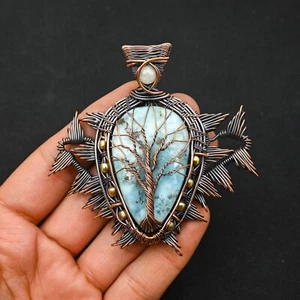 Tree Of Life Larimar Gemstone Copper Wire Wrapped Handmade Pendant Jewelry Gift - Picture 1 of 4
