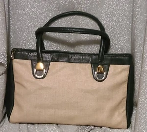 Vintage Brooks Brothers Leather Canvas Double Handle Blue Cream Handbag - Picture 1 of 19