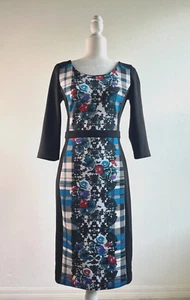 NICOLE MILLER $318 Black Blue Red Floral Check Stretch Jersey Midi Dress Size Sm - Picture 1 of 4