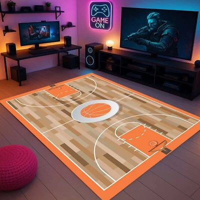 Basketball Court Rug, Sports Room Decor, Gamer Room Carpet, Kids Room Mat, Orang - Image 1 of 4