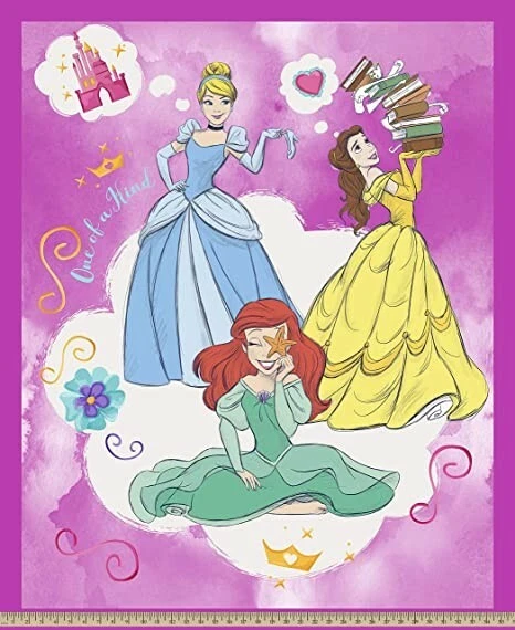DISNEY PRINCESS ONE OF A KIND QUILT PANEL ARIEL LITTLE MERMAID CINDERELLA BELLE - Image 1 of 1