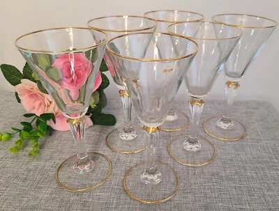 Juego de 6 copas de vino vintage Mid-Century, bordes dorados, estrella media, pie redondo Foto 1 de 4