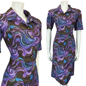 VINTAGE 60ER 70ER MOD PSYCHEDELISCH BRAUN LILA BLAU GEWELLT MIDI SHIRT KLEID 14 16 - Bild 1 von 9