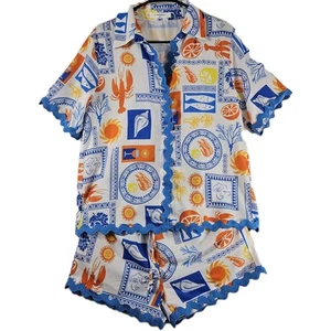 COMMENSE Mujer XS Estampado Costero Conjunto de 2 Piezas Camisa Pantalones Cortos Azul Naranja Rickrack Rick - Imagen 1 de 12