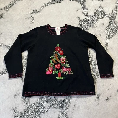 Quacker Factory Sweater Womens Sz Black Christmas Tree Embroidered Embellished - Image 1 of 4