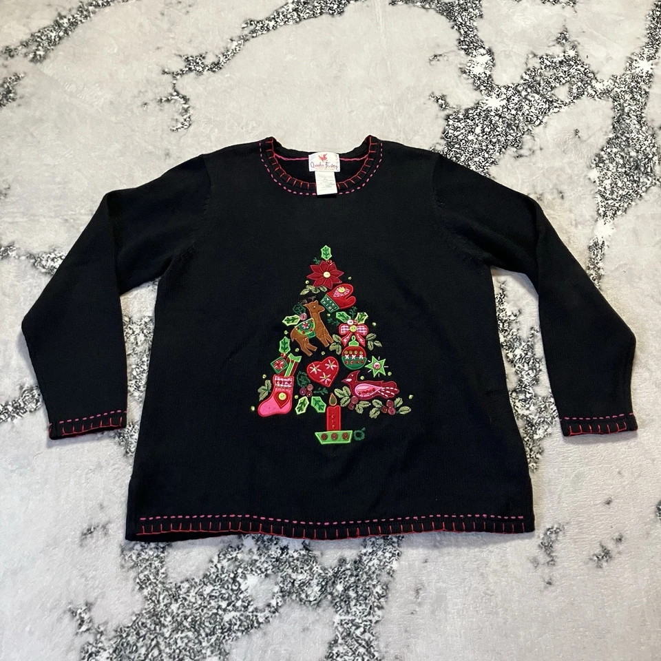 Quacker Factory Sweater Womens Sz Black Christmas Tree Embroidered Embellished - Image 1 of 4
