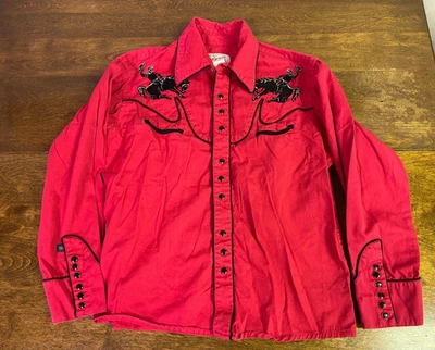Boys XL Womens S Western Shirt Cowboy Cowgirl Red Embroidered Rodeo Pearl Snaps - Image 1 of 4