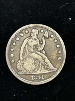 Dólar libertad sentada en estado bastante bueno 1841, moneda tipo rara, dólar de plata de Estados Unidos Foto 1 de 2