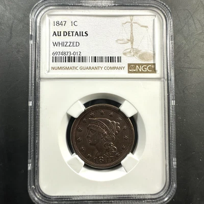 1847 1 centavo de cabelo trançado, detalhes NGC AU, Whizzed (85381) - Imagem 1 de 2