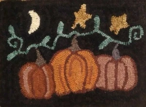 Primitive rug hooking kit, hooked, Pumpkins at Night, linen, wool - Picture 1 of 1