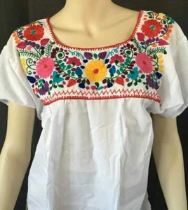 Embroidered blouse, peasant, floral, mexican blouse, hand made White - Picture 1 of 4