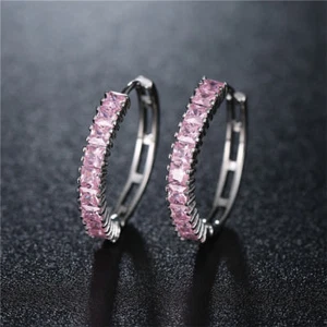 Valentine's Jewelry Lady Rectangle Natural Pink Topaz Gems Silver Stud Earrings - Picture 1 of 4