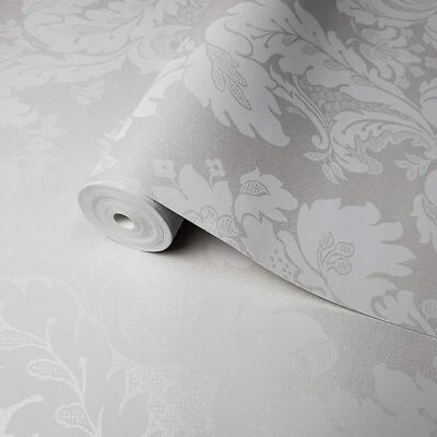Embossed Cream Metallic Victorian matt Off White Vintage Damask Wallpaper  - Image 1 of 4