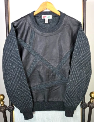 VTG CUCCINI SPORTS Mens Leather/Wool Crew Neck Sweater Size Large 80s Sweatshirt - Image 1 of 4
