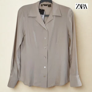 Blusa Camisa ZARA Abotonada Beige Top Silenciosa Lujo Seda Talla M - Imagen 1 de 10