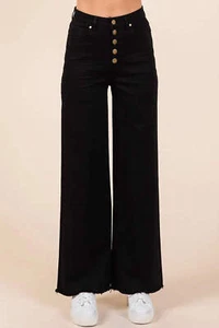 Mittoshop Twill High Rise Raw Hem Button Fly Wide Leg Pants in Black - Picture 1 of 11