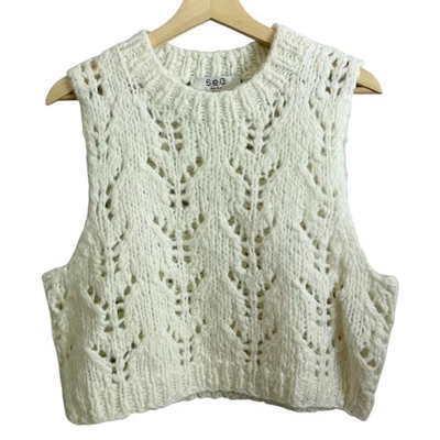 Sea New York NY Crop Wool Alpaca Pointelle Knit Sweater Vest White L Cottagecore - Image 1 of 4