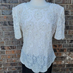 Vintage Laurence Kazar Shirt Womens XL White Beaded Pearl Sequin Floral Lace 90s - Picture 1 of 10