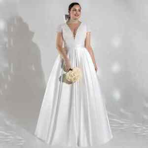 Plus Size Wedding Dresses V Neck Short Sleeves A Line Sweep Train Bridal Gowns