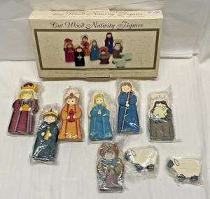 VNTG Christmas Cut Wood Nativity Figures Hand Crafted Hand Painted 9 Piece NIB - Picture 1 of 16