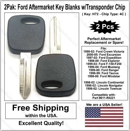 2 Pack: Ford Pats H72 Transponder Key Blank with 4C Glass Chip. For Ford Lincoln - Image 1 of 4