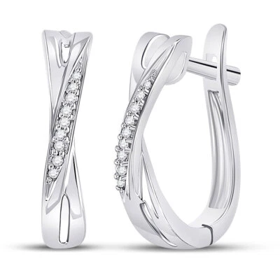 10K White Gold Womens Round Diamond Slender Crossover Hoop Earrings 1/20 Cttw - Image 1 of 2