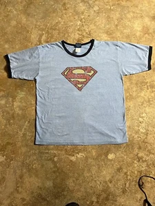 VTG SUPERMAN DC Comics Mens S/S Graphic Logo Ringer T-Shirt XL Blue Navy - Picture 1 of 3