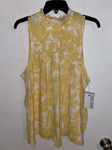 NEW Women's Nine West Large Sleeveless Top High Neck Smocked Shell Yellow White - Picture 1 of 3
