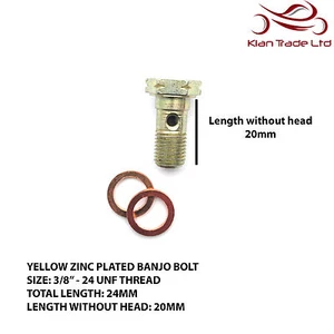 3/8"-24 UNF Thread Steel Banjo Bolt 24 MM Long Yellow Zinc oil fuel Bike Car - Picture 1 of 2