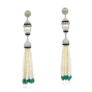 140.11ct Pearl Emerald Onyx Drop Dangle Earrings 18k White Gold - Picture 1 of 5