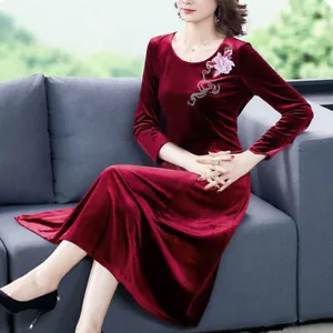 Ladies Velvet Midi Dress Long Sleeve Embroidery Soft Pleated Elegant Party Fit - Picture 1 of 14