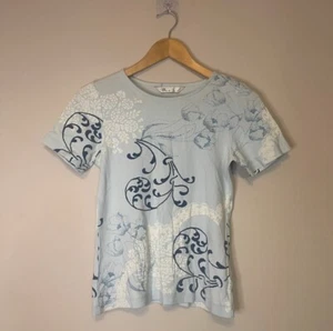BHS Vintage Y2K 00s Size 12 Blue Floral Swirl Diamante Skinny Tshirt Cute Faerie - Picture 1 of 7