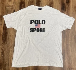 Vintage Polo Sport Ralph Lauren Shirt Mens XL White Spell Out Logo Tee USA Flag - Picture 1 of 8