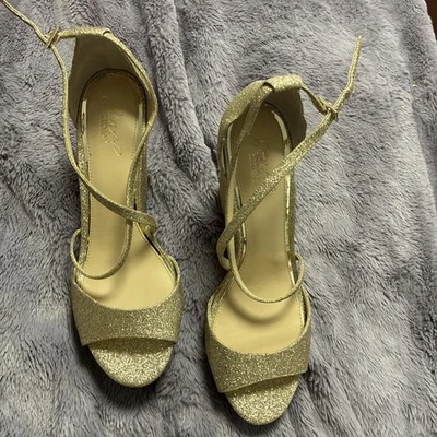 Jewel Badgley Mischka elegant bling gold strappy heels, Sz 10 - Image 1 of 4