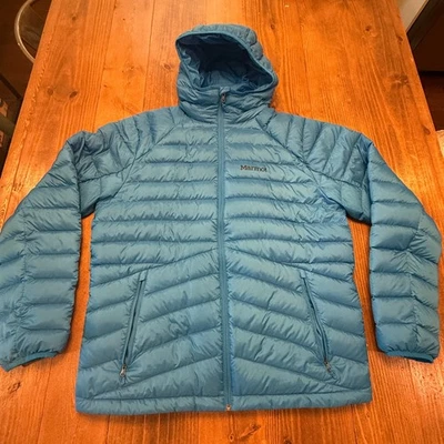 MARMOT Highlander Hooded Down Jacket Mens XL Bright Blue 700 Fill Outdoor Puffer - Image 1 of 4