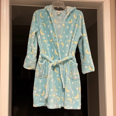 PJ Salvage Girl Plush Robe Hooded Long Sleeves Blue Stars Moon Size 10 M EUC - Image 1 of 4