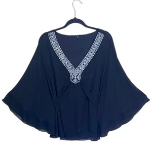 White House Black Market Kimono Blouse Womens L Black Beaded V Neck Sheer Boho - Picture 1 of 12
