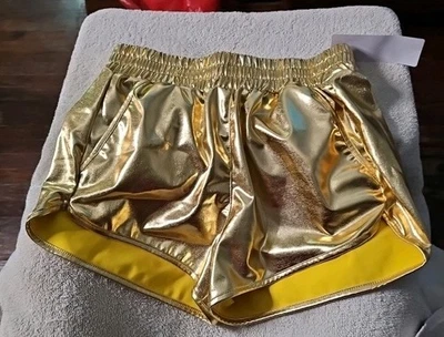 Pantalones Cortos Metálicos Dorados Brillantes para Mujer o Hombre con Cintura Elástica y Bolsillos Foto 1 de 4