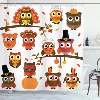 Cortina de Ducha de Acción de Gracias, Varios Búho Dibujos Animados Estilo Otoño Rama Pil... Foto 1 de 4