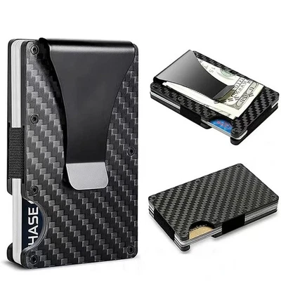 ANTI Rfid Blocking Carbon Fiber Metal Card Holder Wallets Men Slim Thin - Immagine 1 di 4