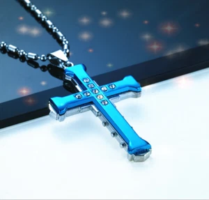 Blue Fashion Cross Necklace Long Link Pendants Chain Religiou Christian Crucifix - Picture 1 of 2