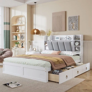 Massivholzbett Doppelbett Bett 140x200 cm mit Stauraumkopfteil und 3 Schubladen - Bild 1 von 15