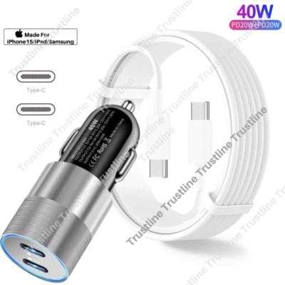 40W Dual Type C Car Charger Adapter USB C To C Cable For iPhone 15 Plus Pro Max - Image 1 of 4