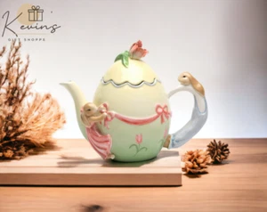 Ceramic Easter Rabbits Around Egg Shaped Teapot, Gift for Her, Gift for Mom, Tea - Picture 1 of 4