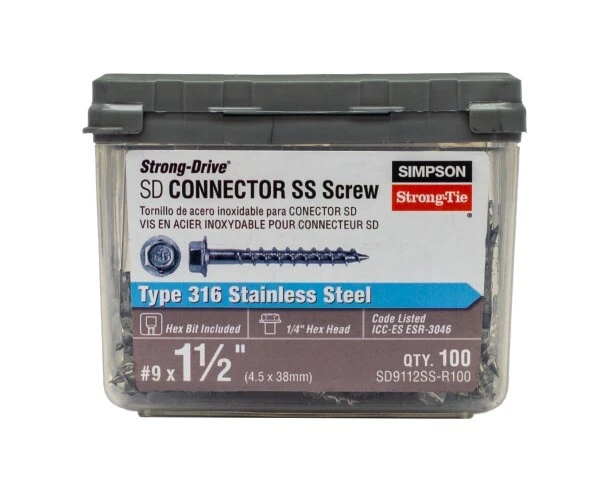 SIMPSON STRONG-TIE Strong-Drive® SD CONNECTOR SS Screw #9 x 1-1/2 in. 1/4-Hex Drive Type 316 100 Ct
